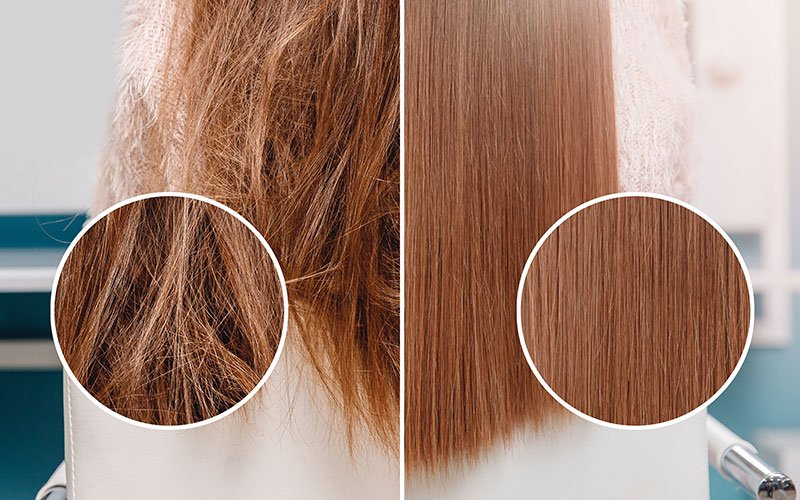 Ostecena kosa pre i posle upotrebe keratina za kosu